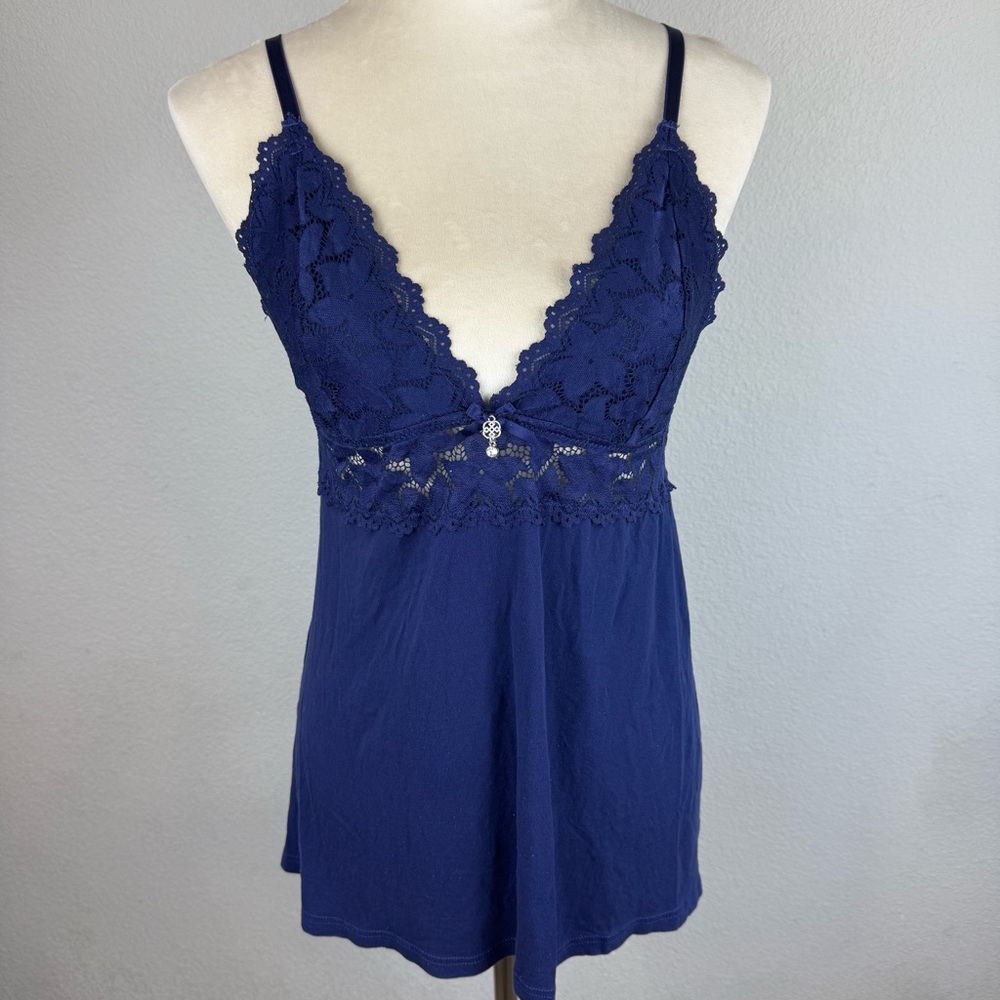 Y2K Daisy Fuentes Midnight Blue Rhinestone Lace Adjustable Strap Camisole